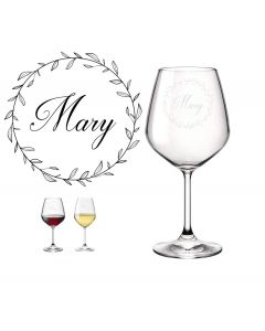 Crystal wine glasses personalised with a script style name or initial.