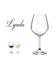 Laser engraved personalised crystal wine glass with elegant name design.
