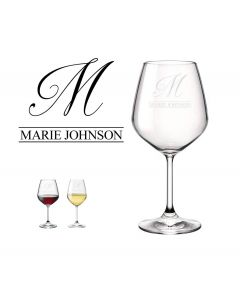 Personalised crystal wine glass with laser etched initial and name design.