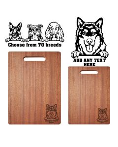 Personalised chopping boards with dog design engraved.