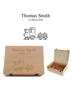 Personalised new baby keepsake boxes with train themed design.