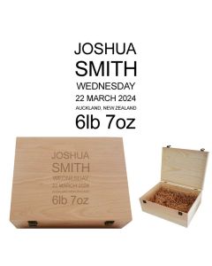 Personalised wooden keepsake boxes with babies details engraved.