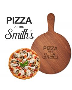 Solid hardwood pizza boards with engraved personalised design.