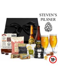 Pilsner gift boxes with personalised beer glasses and gourmet treats.