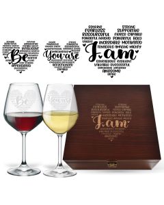 Crystal wine glasses box sets with positive affirmation love heart designs.