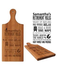 Engraved Rimu wood platter board with fun personalised retirement rules design