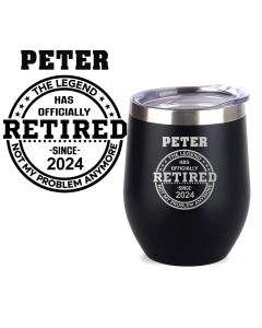 Personalised retirement gift thermal cups with a fun legend has retired design.