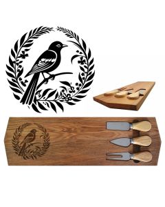 Rimu wood cheese boards engraved with Fantail bird and fern inspired boarder