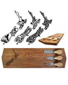 Rimu wood cheese board gift sets engraved with Kiwiana NZ island designs