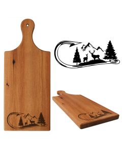 Rimu wood serving board paddle engraved with a hunting and fishing themed design.