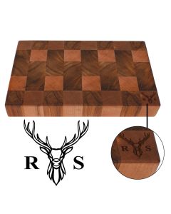 Reclaimed Rimu wood butchers block chopping boards engraved with a Stag's head design and two initials.