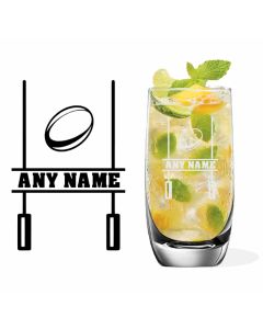 Crystal highball glass with personalised rugby post and ball design.