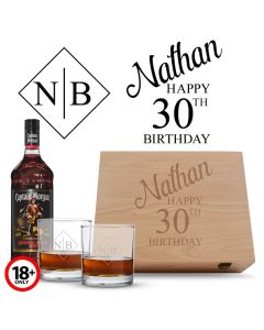 Wood box rum gift set with personalised glasses and 30th birthday design