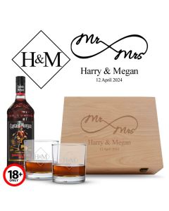 Personalised eternity design gift box with rum and glasses for wedding gifts