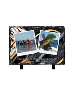 Personalised slate photo frames with fishing themed design.