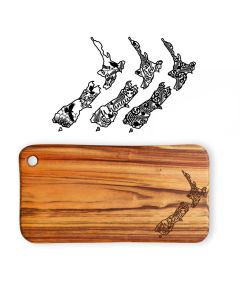 Solid wood chopping boards with a selection of Kiwiana themed New Zealand island designs