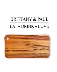 Personalised hardwood chopping boards engraved with eat drink love design and couple's names