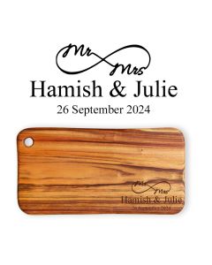 Personalised Mr & Mrs eternity symbol solid wood chopping boards engraved with the couple's names and special date