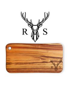 Solid wood chopping board engraved with a stag's head design and two initials