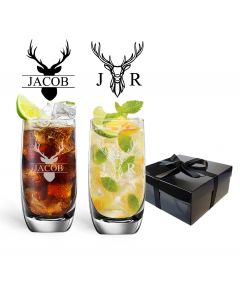 personalised highball glasses with a deer design which comes in a black gift box
