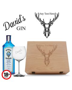 Gin gift set with stag design engraved wood box.