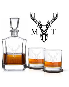 Crystal decanter gift sets with a Stag's head and two initials laser engraved