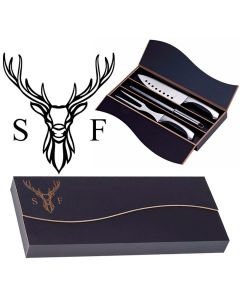 Stainless steel carving knife gift set with a personalised stag head design engraved.