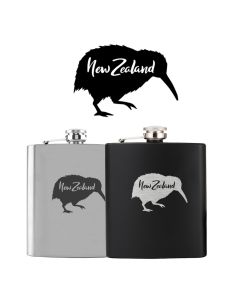 Stainless steel hip flasks engraved with a New Zealand Kiwi bird and text