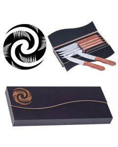 Steak knife gift boxes engraved with a double spiral design Koru and Ferns