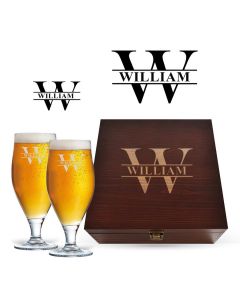 Stemmed beer glass gift sets with initial and name design.