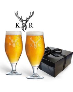 Beer glasses gift set with personalised stag design and initials.