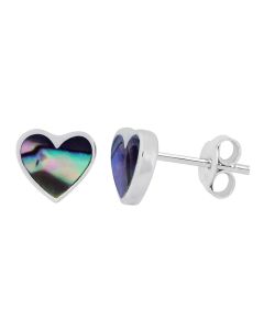 Sterling silver stud earrings in a love heart shape with New Zealand Paua shell inlay