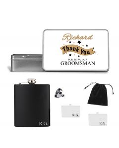 Wedding thank you gift sets for men with personalised hip flask and cufflinks