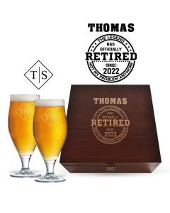 Luxury retirement gift beer glasses box sets with personalised fun design.