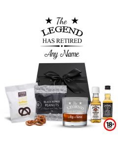 Retirement gift whiskey sets with a personalised the legend has retired whiskey glass.