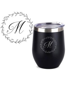 Black stainless steel thermal cups with laser engraved leafy border and initial.