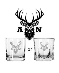 Tumbler glasses personalised with Stag head design and two initials.