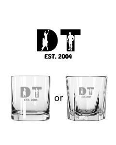 Whiskey tumbler glasses with engraved rugby themed initials and year established.