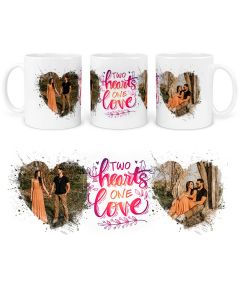 Personalised photo mugs with two images and two hearts one love design.