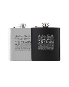 Personalised hip flasks with retirement timeline design.