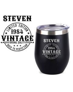 Thermal cups personalised for birthdays with vintage aged to perfection design.