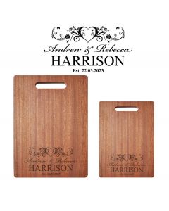 Personalised solid wood chopping boards for weddings and anniversaries.