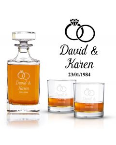 Wedding anniversary crystal decanter gift sets with ring design, names and date engraved.