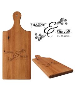 Personalised reclaimed Rimu wood food platter paddle for anniversaries and wedding gifts.