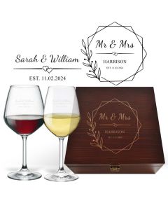 Weed and anniversary personalised wine glasses box sets.