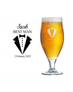 Tuxedo themed personalised wedding beer glasses