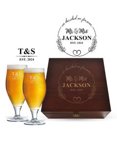Luxury wedding gift personalised beer glass box set.