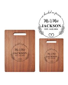Laser engraved hardwood chopping boards with personalised Mr & Mrs design