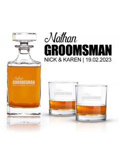 Personalised wedding themed decanter gift sets with tumbler glasses.