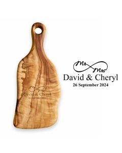 Wood food paddle board engraved with Mr & Mrs eternity symbol design and any names and date